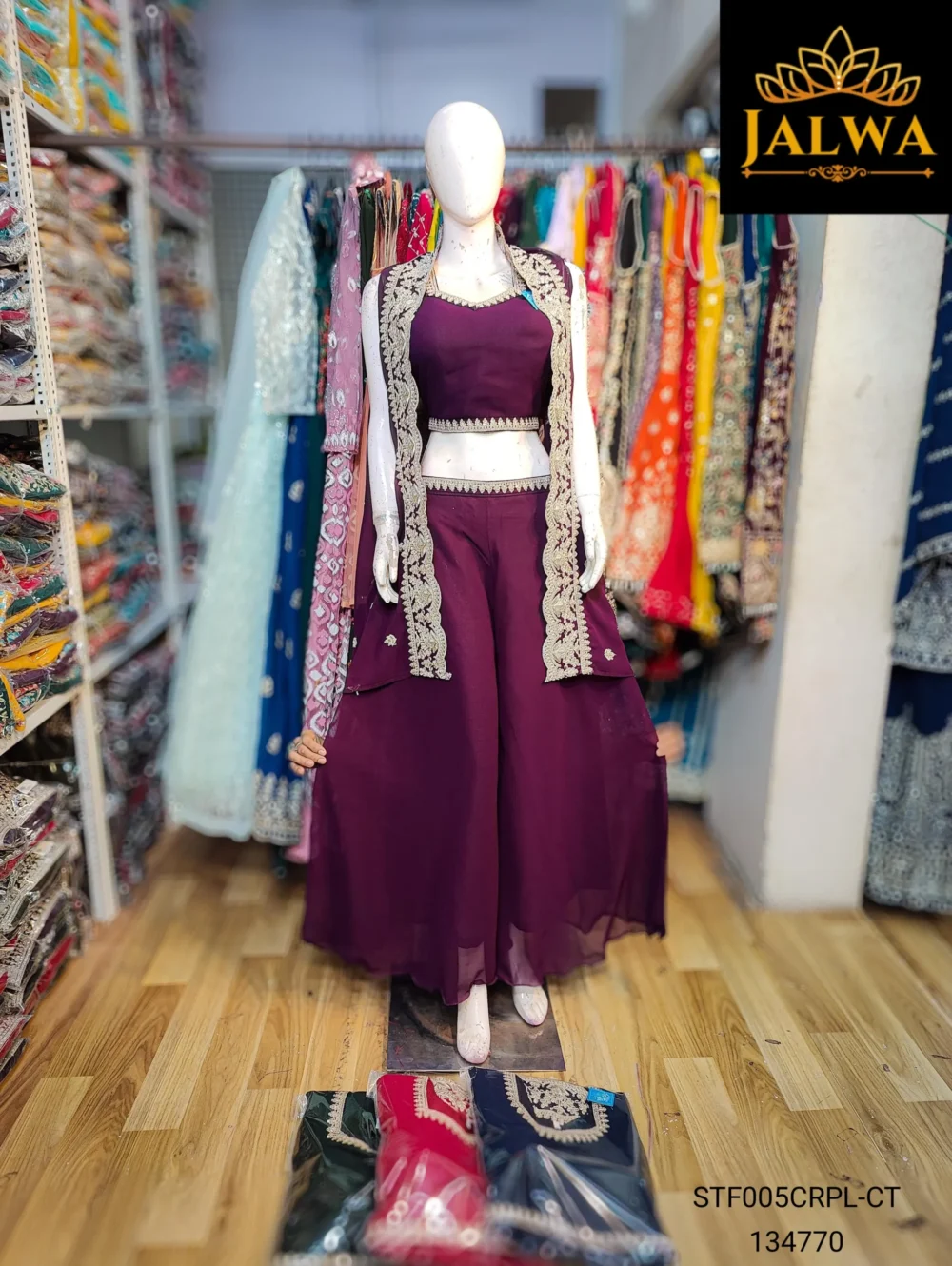 CROP TOP PLAZO SET WITH EMBROIDERED SHRUG